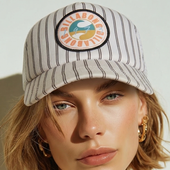 Billabong Accessories - Billabong White and Black Striped Hat with Colorful Logo